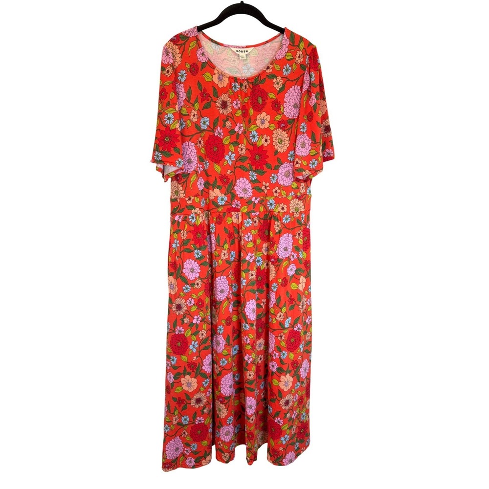 Boden Red Floral Midi Dress Short Sleeve  Cotton Tencel Boho US 16-18